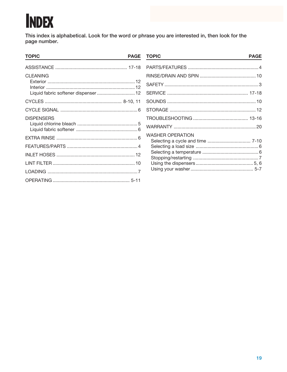Index, Ndex | Whirlpool 3950310 User Manual | Page 19 / 20