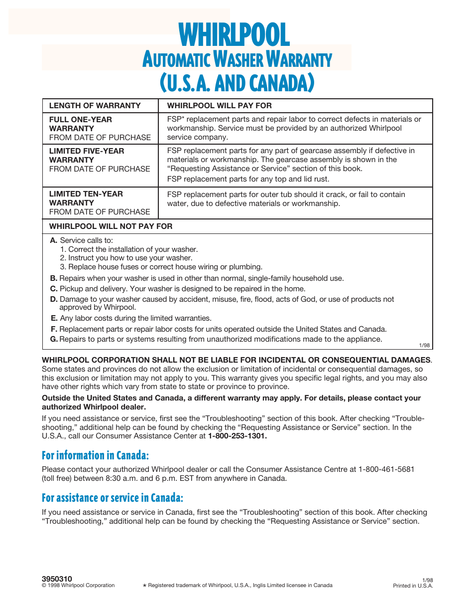 Warranty, Whirlpool, U.s.a. and canada) | Utomatic, Asher, Arranty, For information in canada, For assistance or service in canada | Whirlpool 3950310 User Manual | Page 20 / 20