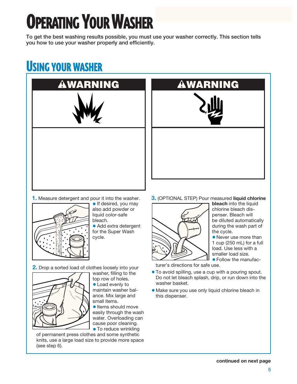 Operating your washer, Using your washer, Perating | Asher, Sing, Your, Washer, Wwarning | Whirlpool 3950310 User Manual | Page 5 / 20