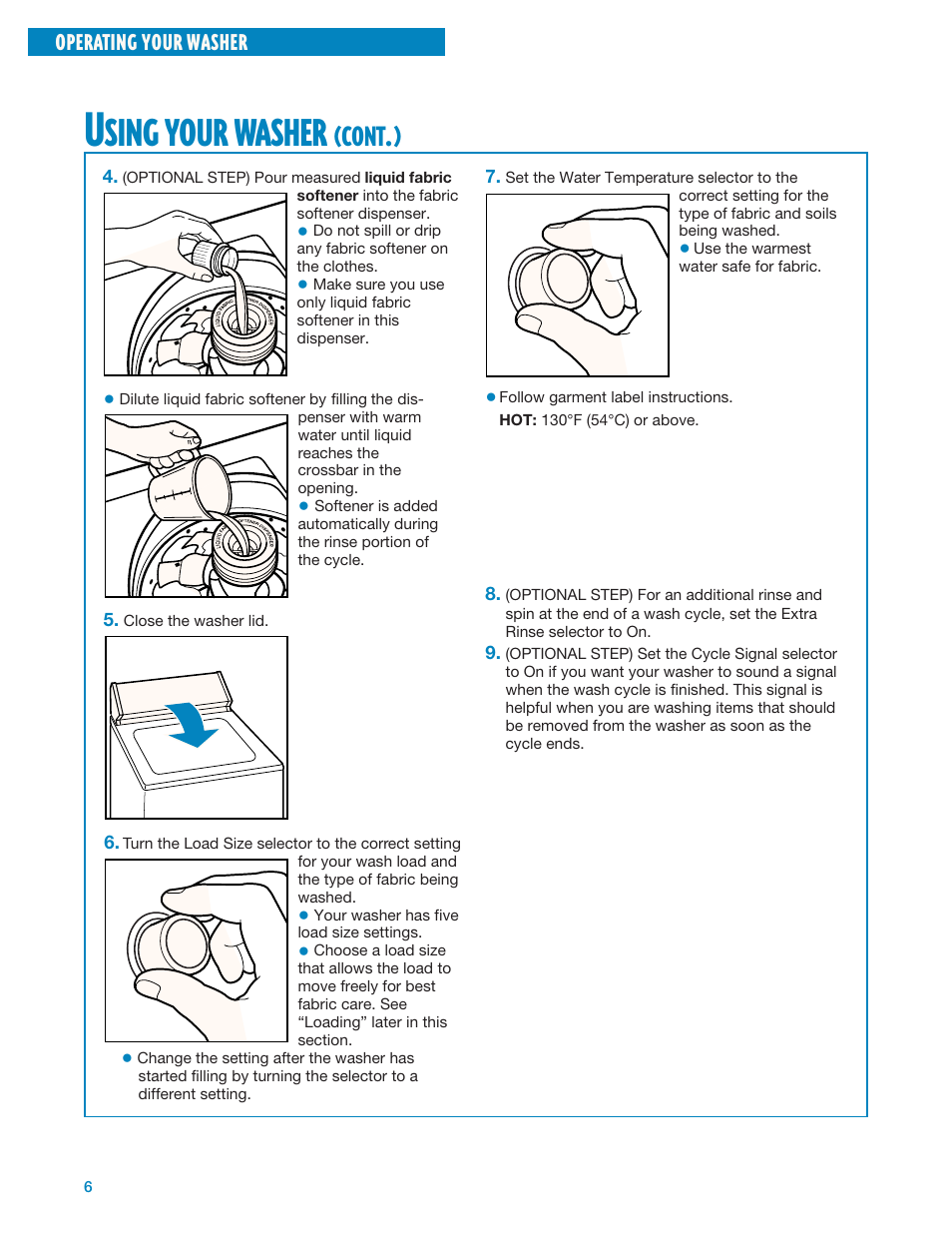 Sing, Your, Washer | Cont, Operating your washer | Whirlpool 3950310 User Manual | Page 6 / 20