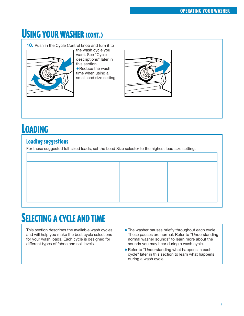 Loading, Selecting a cycle and time, Sing | Your, Washer, Oading, Electing, Cycle, Time | Whirlpool 3950310 User Manual | Page 7 / 20