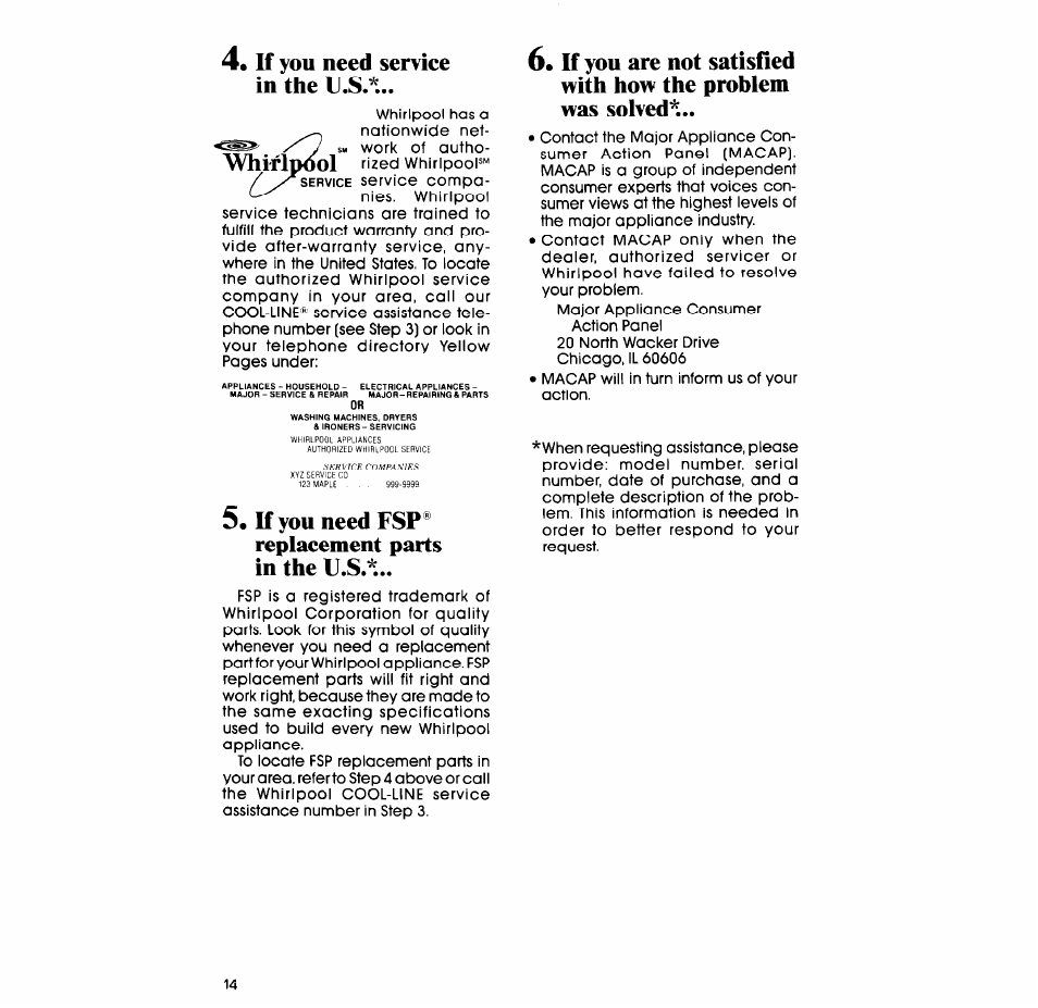 Whirlpi^l, If you need service in the u.s, K you need fsp® replacement parts in the u.s | Whirlpool GLA5580XS User Manual | Page 14 / 16