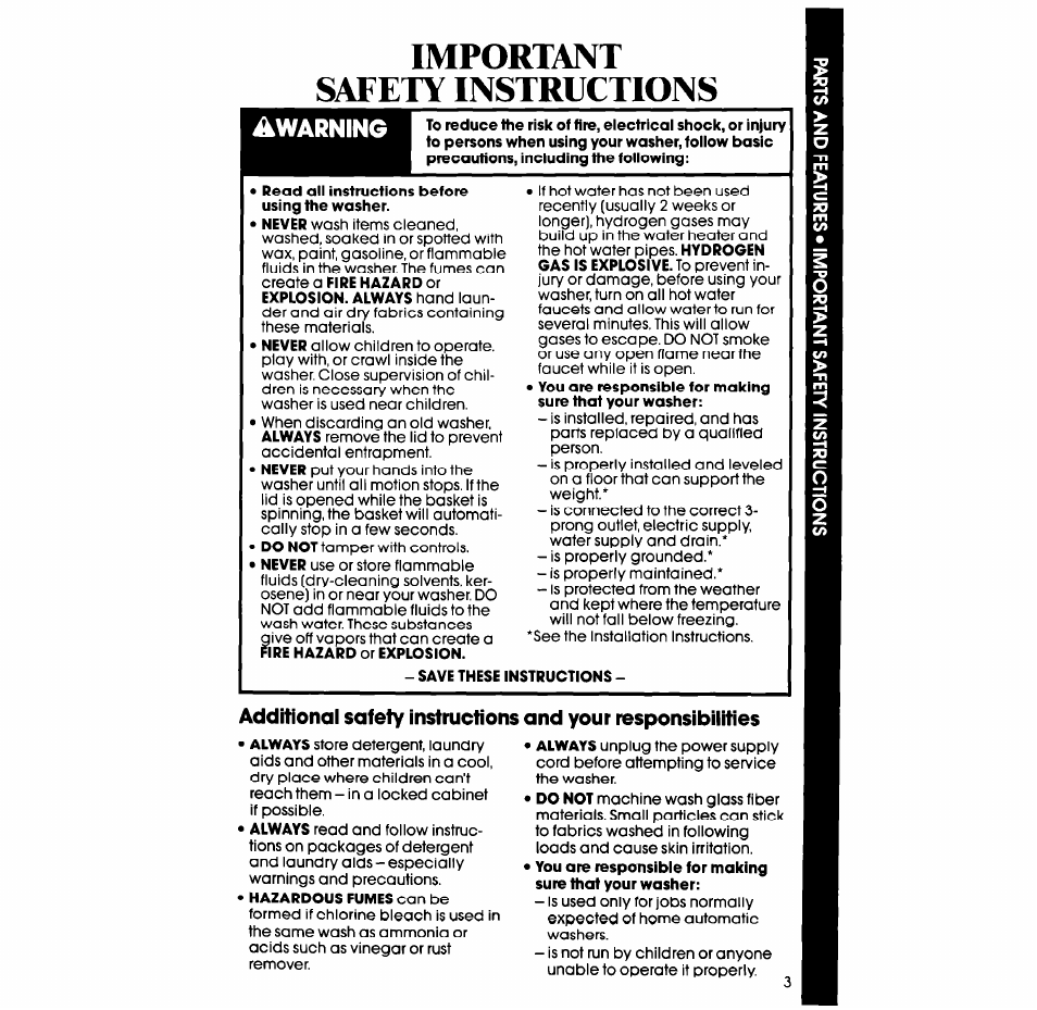 Important safety instructions, Warning | Whirlpool GLA5580XS User Manual | Page 3 / 16