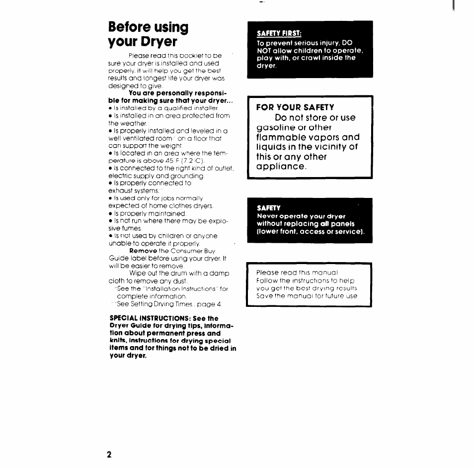 Before using your dryer, For your safety | Whirlpool LE4900XK User Manual | Page 2 / 8