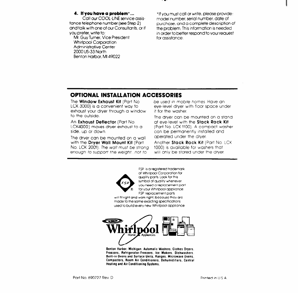 Whirlpdol fegi, Optional installation accessories | Whirlpool LE4900XK User Manual | Page 8 / 8