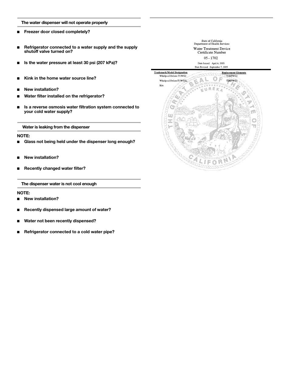 Water filter certifications | Whirlpool 2309541 User Manual | Page 11 / 40