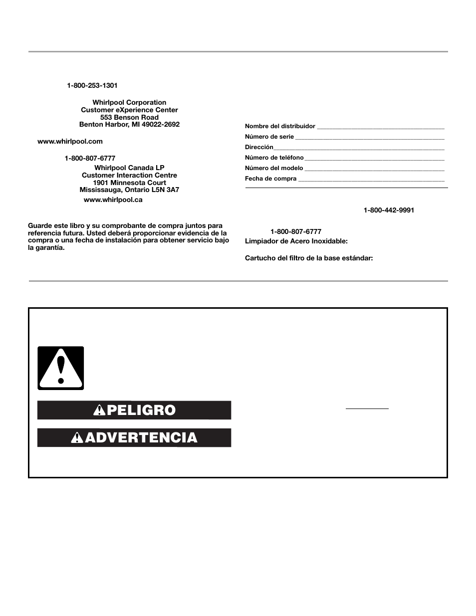 Manual de uso y cuidado del refrigerador, Seguridad del refrigerador, Advertencia peligro | Ayuda o servicio técnico, Accesorios | Whirlpool 2309541 User Manual | Page 14 / 40