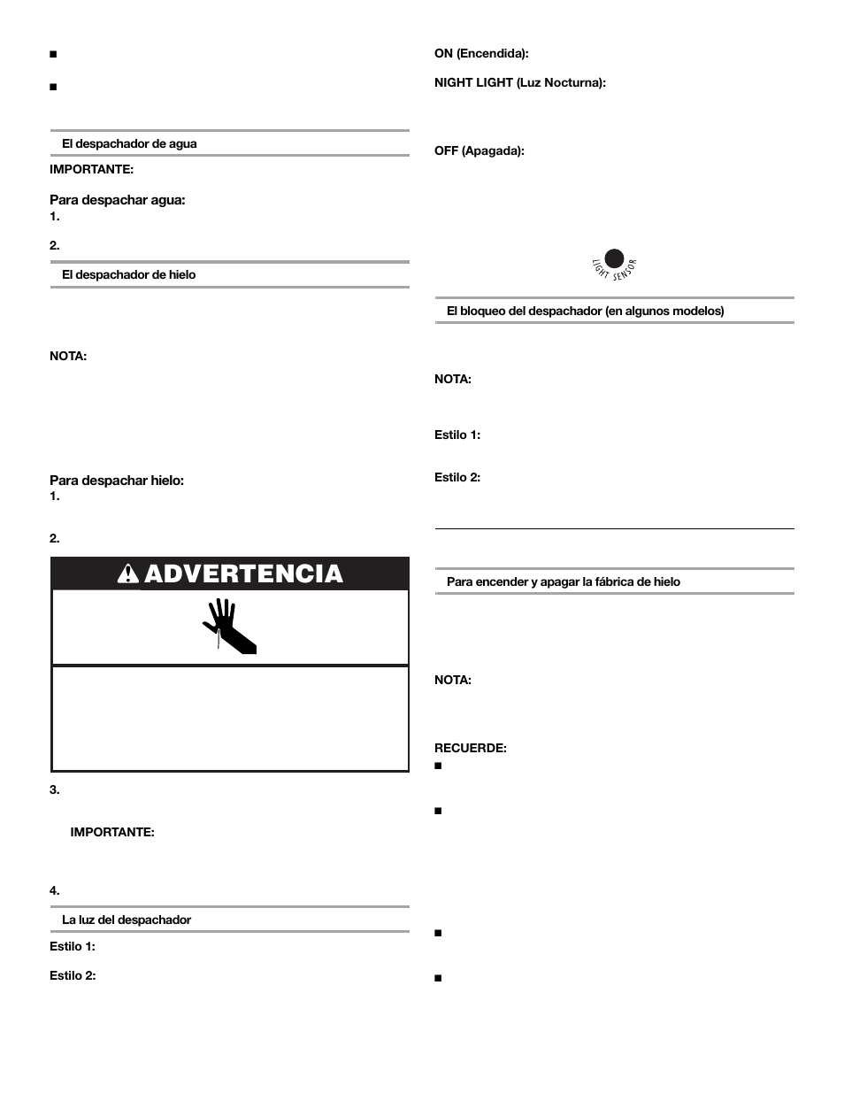 Advertencia, Fábrica de hielo y depósito | Whirlpool 2309541 User Manual | Page 20 / 40