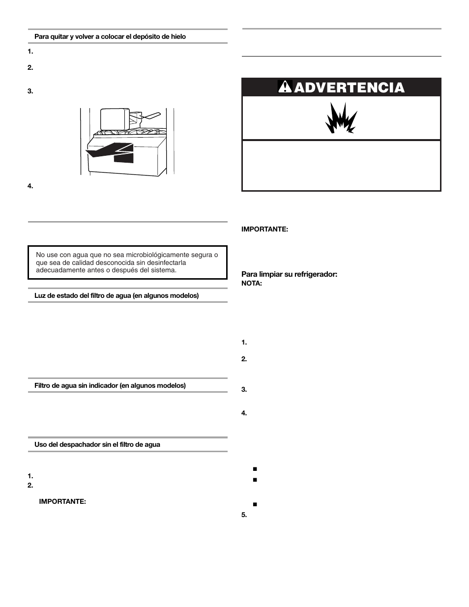 Cuidado de su refrigerador, Advertencia, Sistema de filtración de agua | Limpieza | Whirlpool 2309541 User Manual | Page 21 / 40