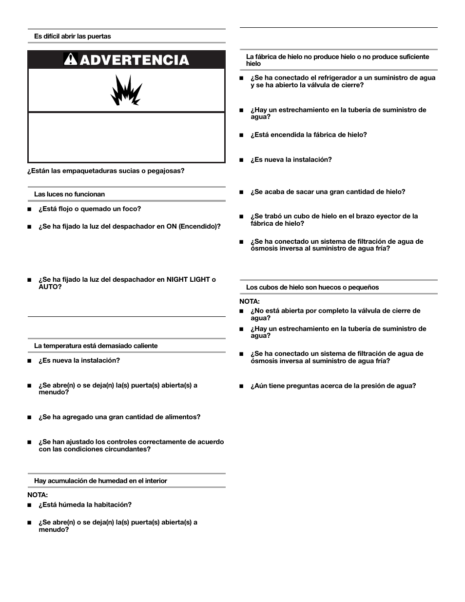 Advertencia, Temperatura y humedad, Hielo y agua | Whirlpool 2309541 User Manual | Page 23 / 40