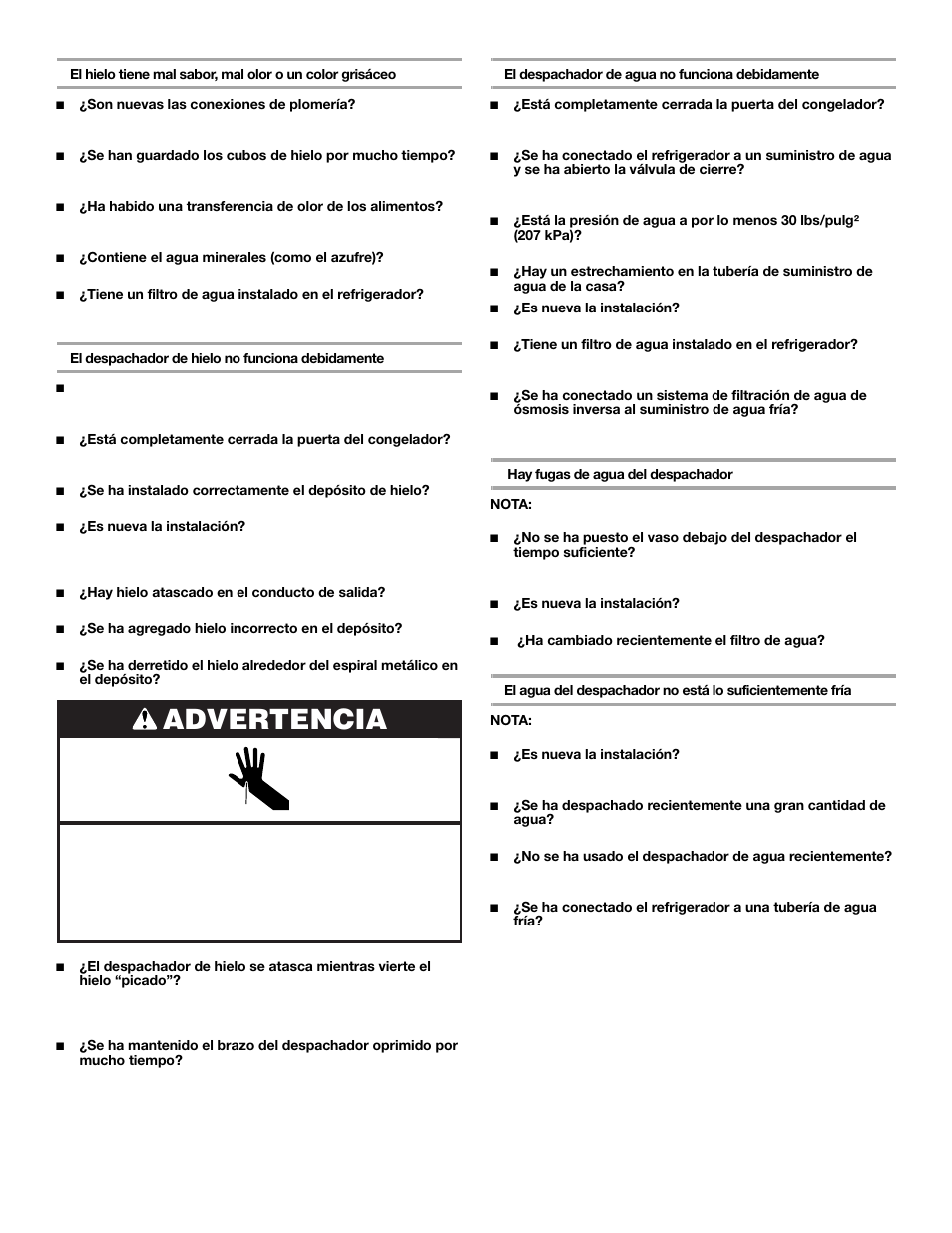 Advertencia | Whirlpool 2309541 User Manual | Page 24 / 40