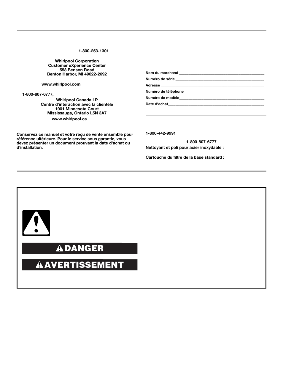 Sécurité du réfrigérateur, Avertissement danger, Assistance ou service | Accessoires | Whirlpool 2309541 User Manual | Page 27 / 40