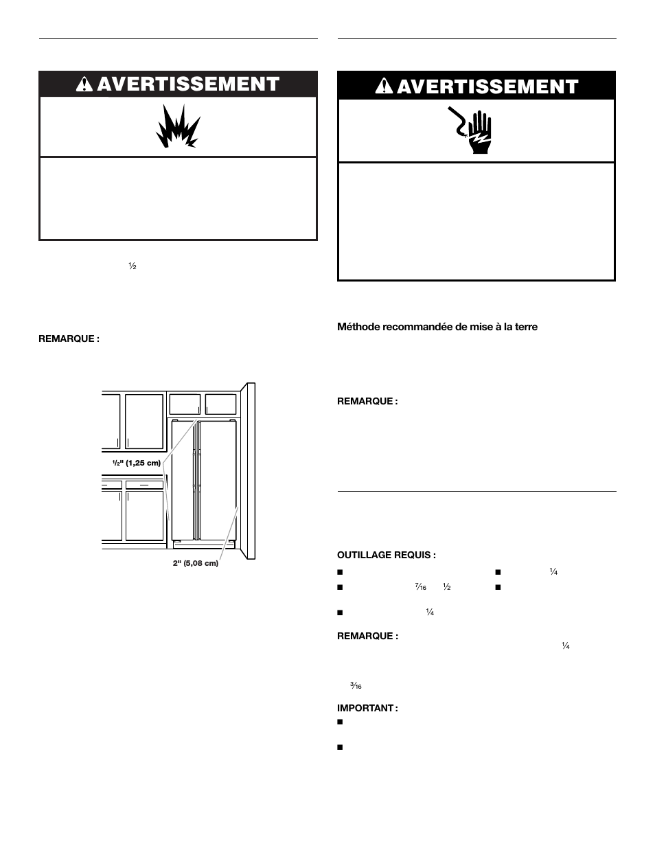 Avertissement, Exigences d'emplacement, Spécifications électriques | Spécifications de l’alimentation en eau | Whirlpool 2309541 User Manual | Page 29 / 40