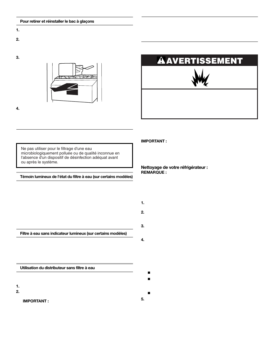 Entretien du réfrigérateur, Avertissement, Système de filtration de l'eau | Nettoyage | Whirlpool 2309541 User Manual | Page 34 / 40