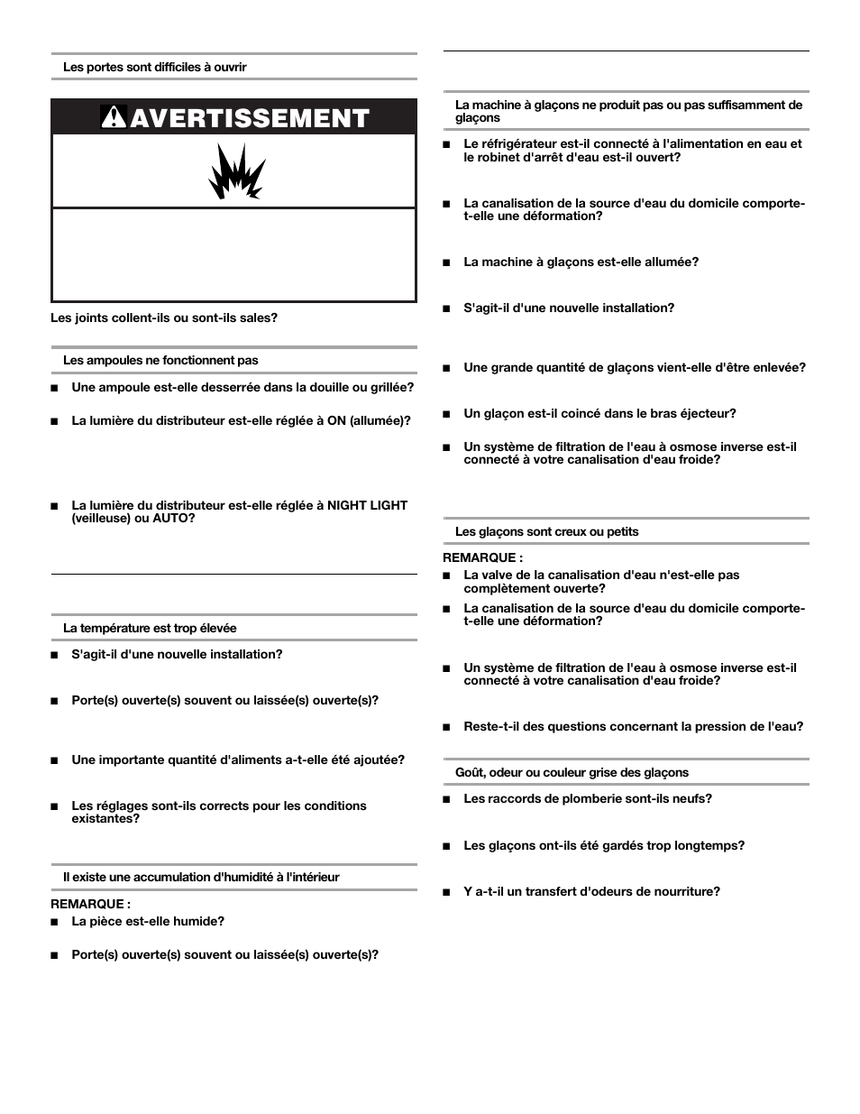 Avertissement, Température et humidité, Glaçons et eau | Whirlpool 2309541 User Manual | Page 36 / 40