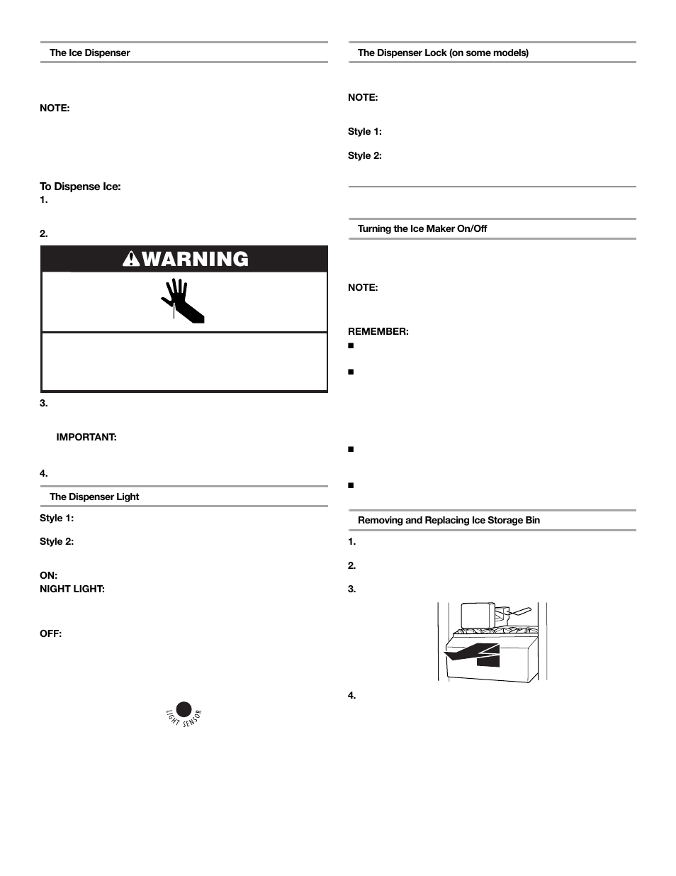 Warning, Ice maker and storage bin | Whirlpool 2309541 User Manual | Page 7 / 40