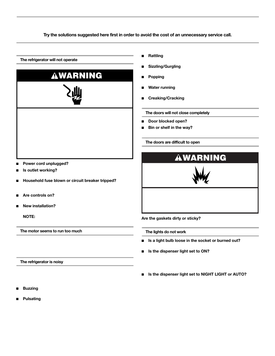 Troubleshooting, Warning, Refrigerator operation | Whirlpool 2309541 User Manual | Page 9 / 40