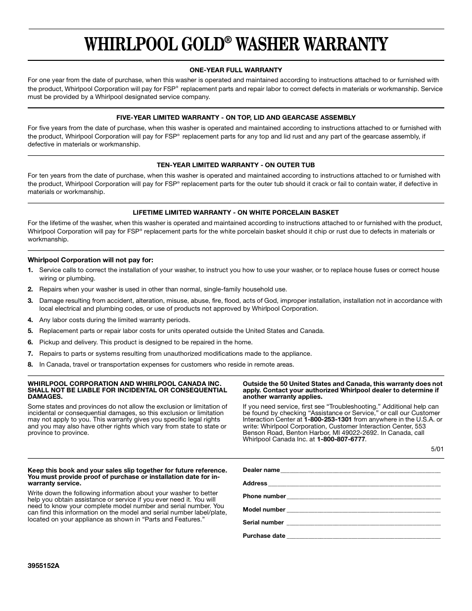 Warranty, Whirlpool gold, Washer warranty | Whirlpool Gold GST9675JQ1 User Manual | Page 12 / 12