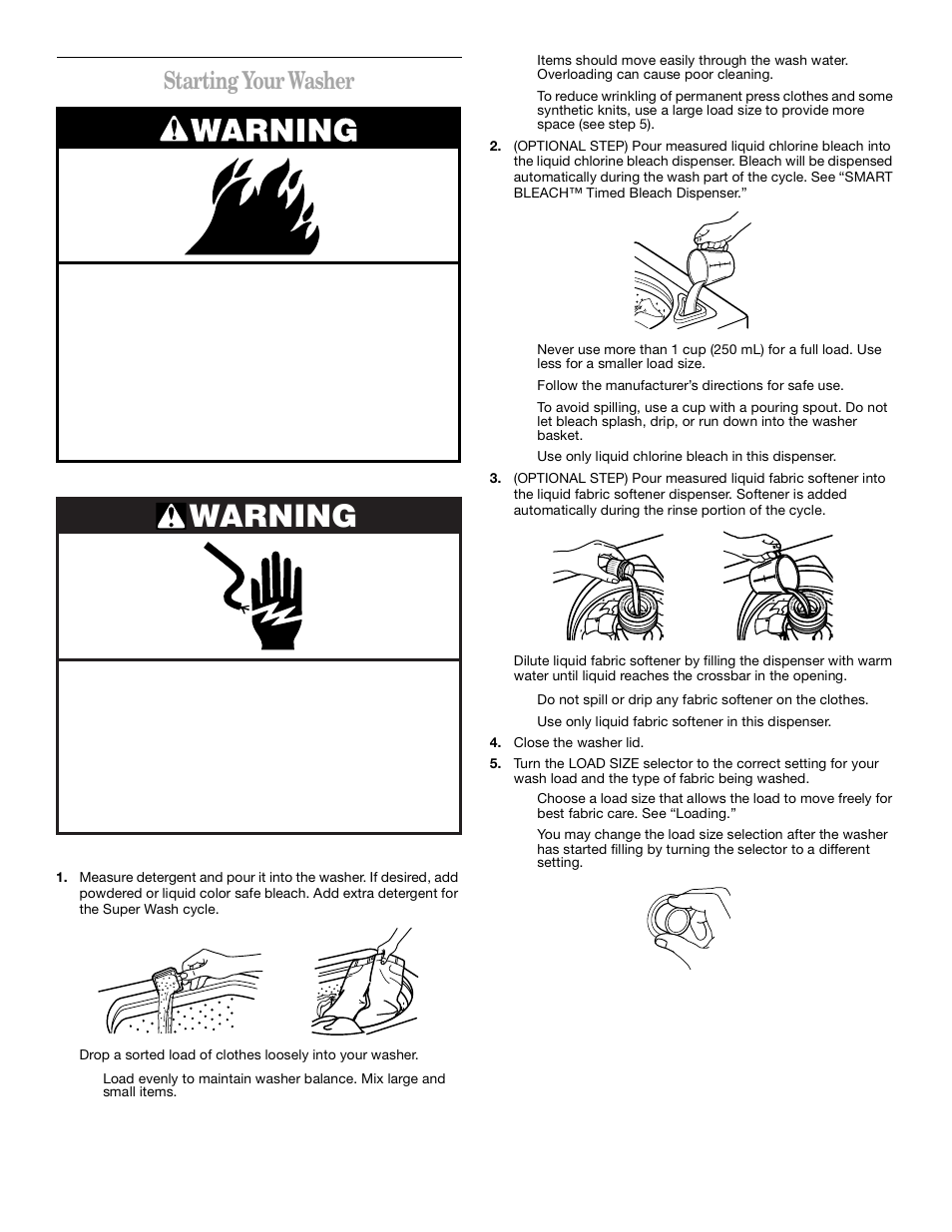 Warning, Starting your washer | Whirlpool Gold GST9675JQ1 User Manual | Page 6 / 12
