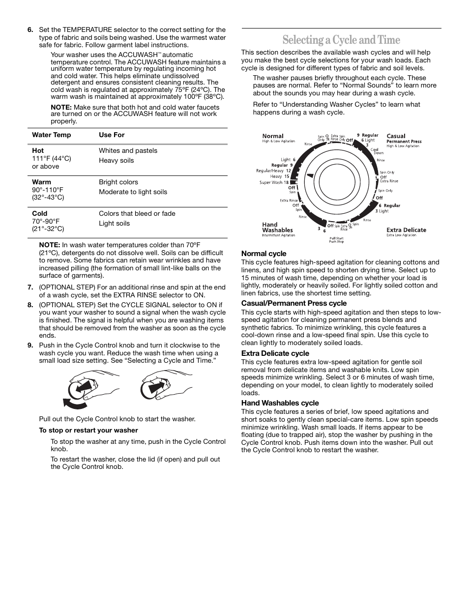 Selecting a cycle and time | Whirlpool Gold GST9675JQ1 User Manual | Page 7 / 12