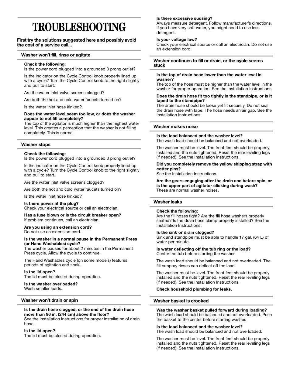 Troubleshooting | Whirlpool Gold GST9675JQ1 User Manual | Page 9 / 12