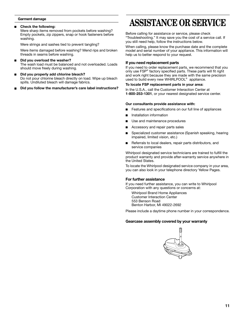 Assistance or service | Whirlpool 7MLSR6232JT2 User Manual | Page 11 / 28
