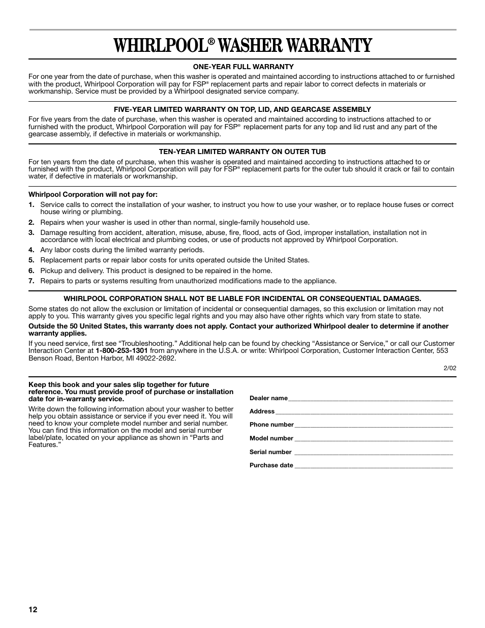 Warranty, Whirlpool, Washer warranty | Whirlpool 7MLSR6232JT2 User Manual | Page 12 / 28
