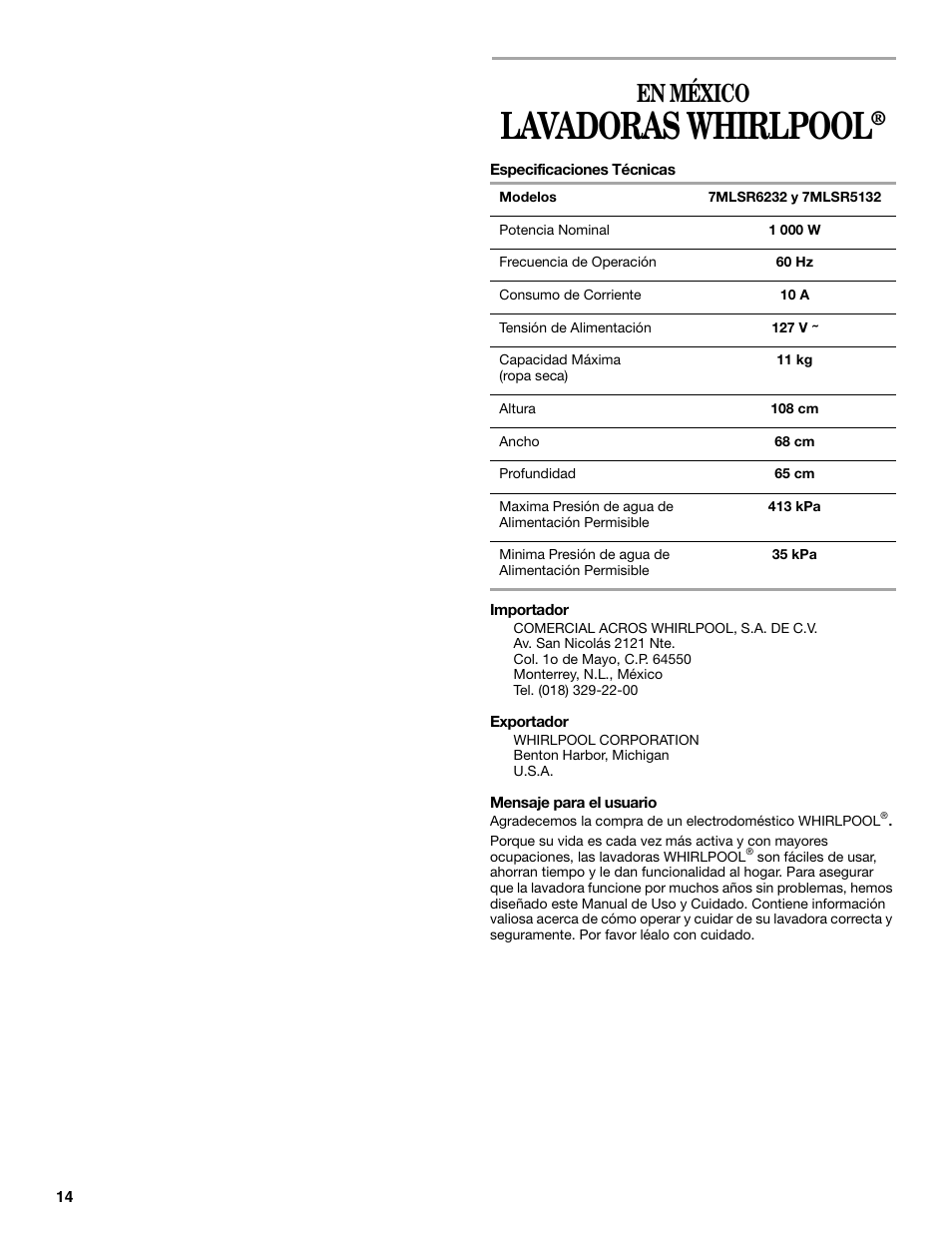 Spanish version, Lavadoras whirlpool, En méxico | Whirlpool 7MLSR6232JT2 User Manual | Page 14 / 28
