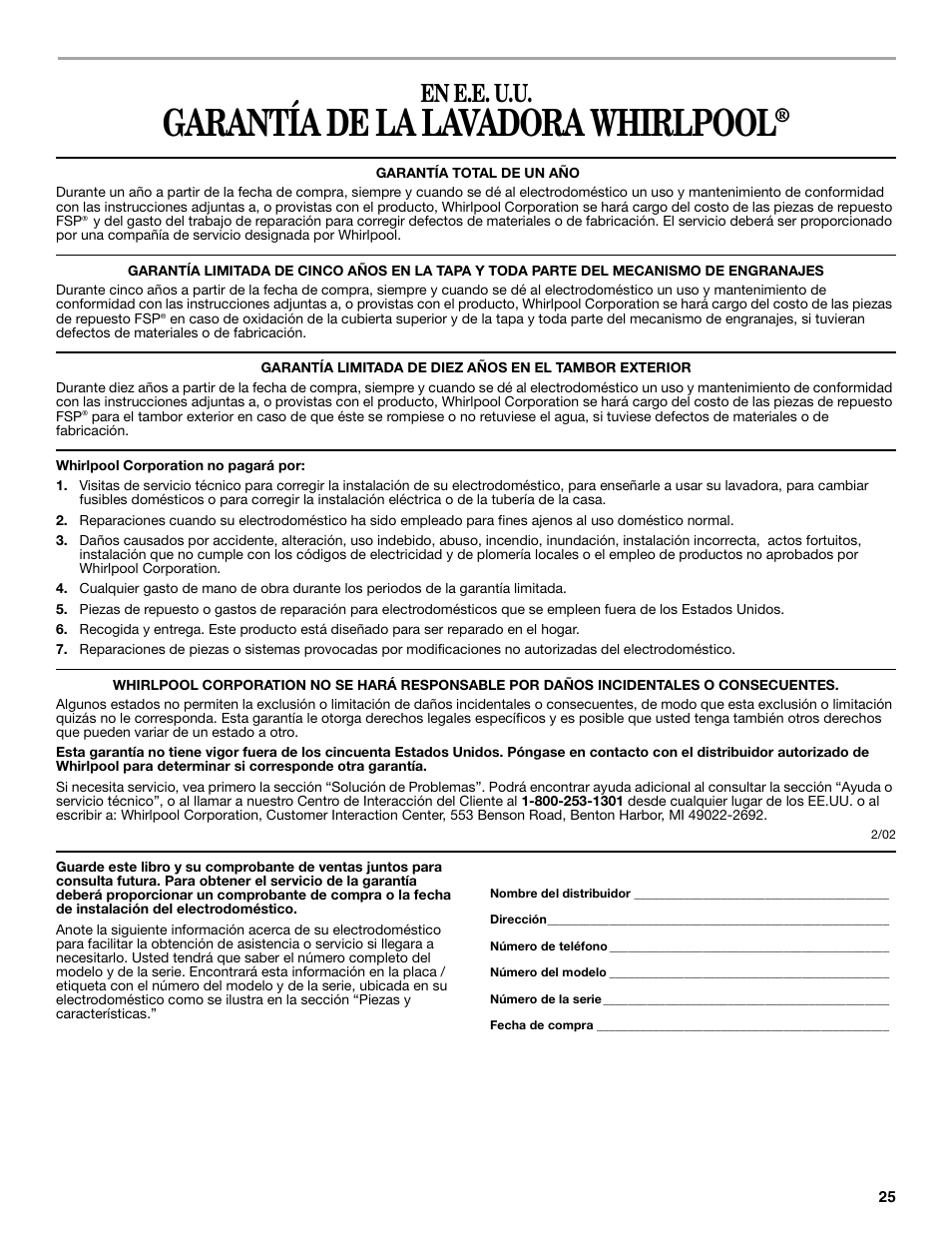 Garantía de la lavadora whirlpool, En e.e. u.u | Whirlpool 7MLSR6232JT2 User Manual | Page 25 / 28