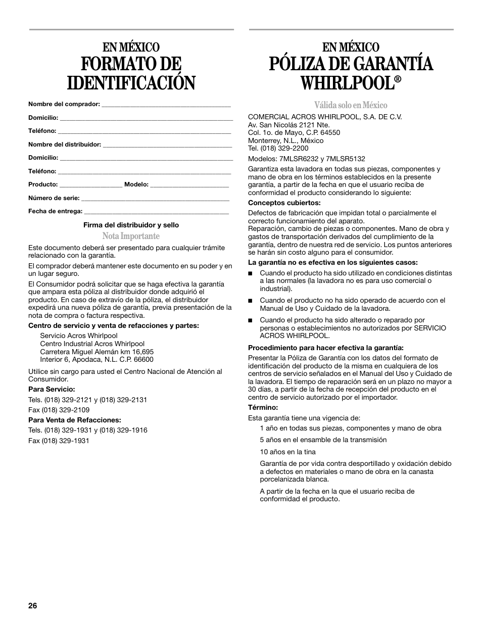 Formato de identificacion, Póliza de garantía, Formato de identificación | Póliza de garantía whirlpool, En méxico | Whirlpool 7MLSR6232JT2 User Manual | Page 26 / 28
