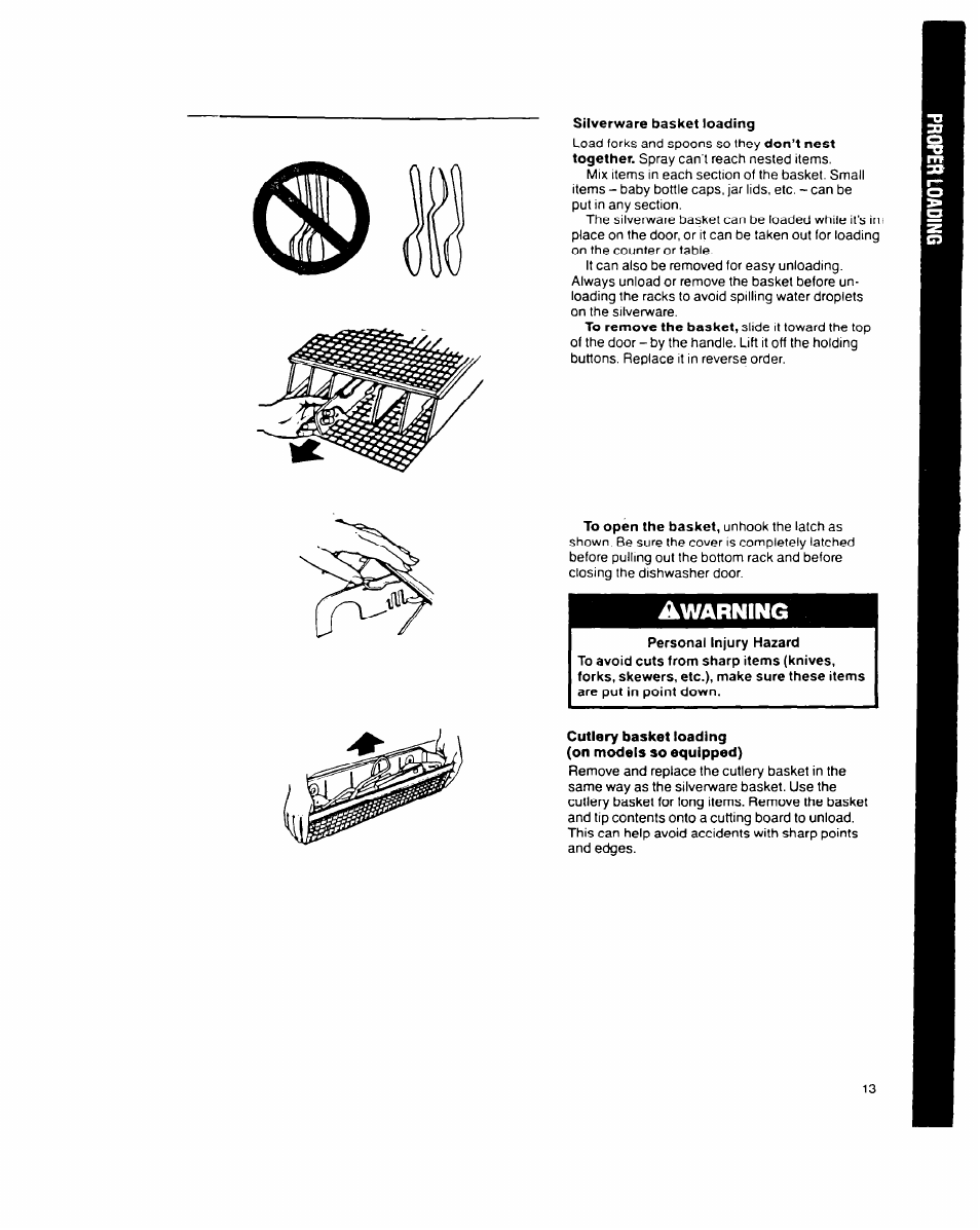 Silverware basket loading, Cutlery basket loading (on mt^els so equipped), Awarning | Whirlpool 9200 SERIES User Manual | Page 13 / 24