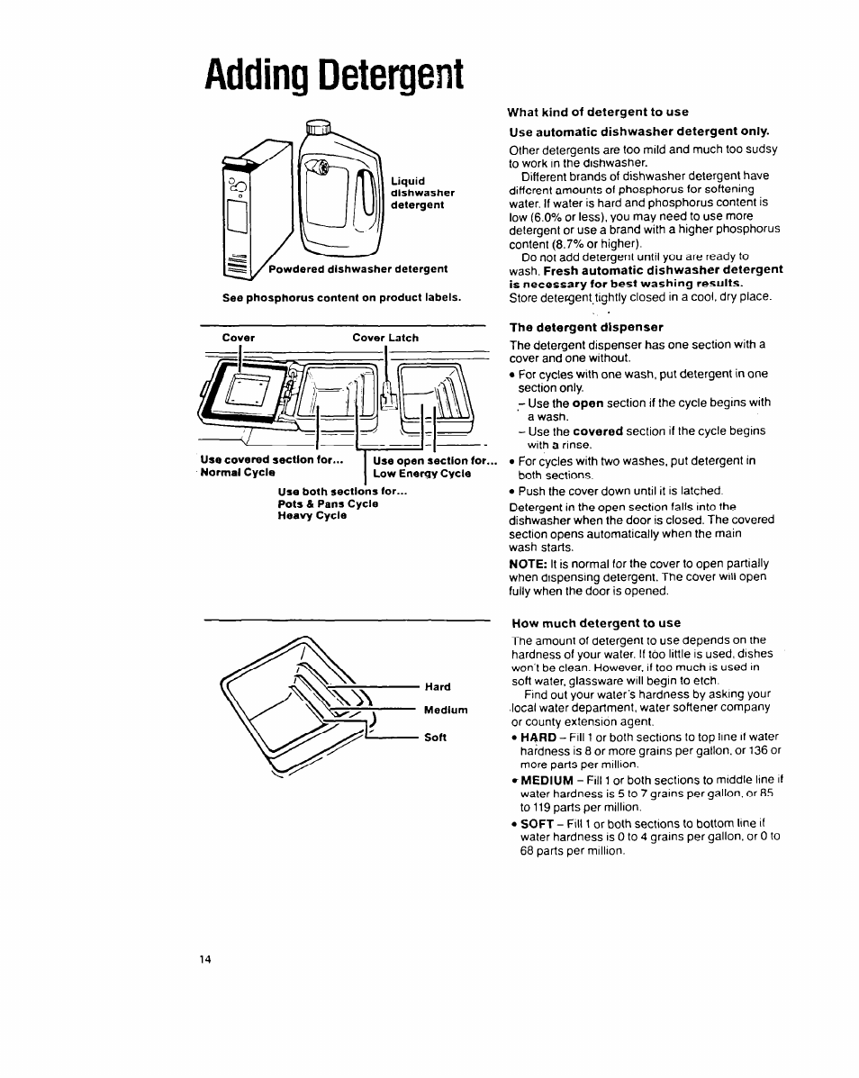 Adding detergent, What kind of detergent to use, The detergent dispenser | How much detergent to use | Whirlpool 9200 SERIES User Manual | Page 14 / 24