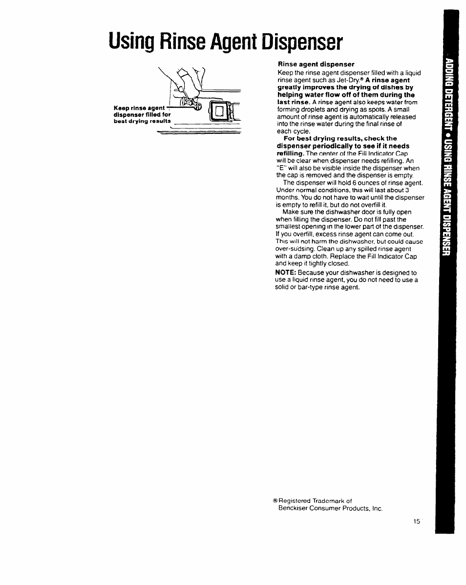 Using rinse agent dispenser, Rinse agent dispenser | Whirlpool 9200 SERIES User Manual | Page 15 / 24