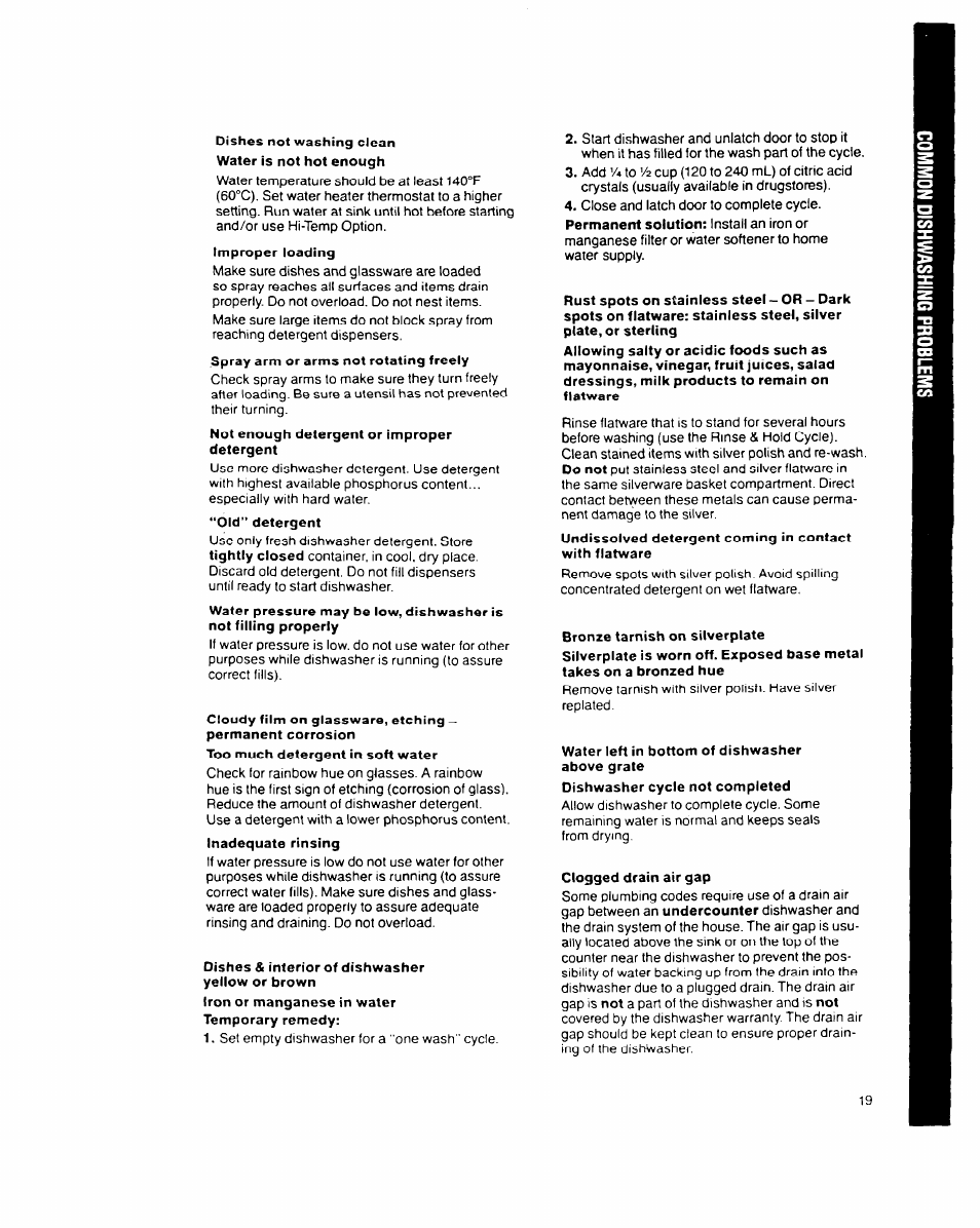 Dishes not washing clean water is not hot enough, Dishes & interior of dishwasher yellow or brown, Water left in bottom of dishwasher above grate | Clogged drain air gap | Whirlpool 9200 SERIES User Manual | Page 19 / 24