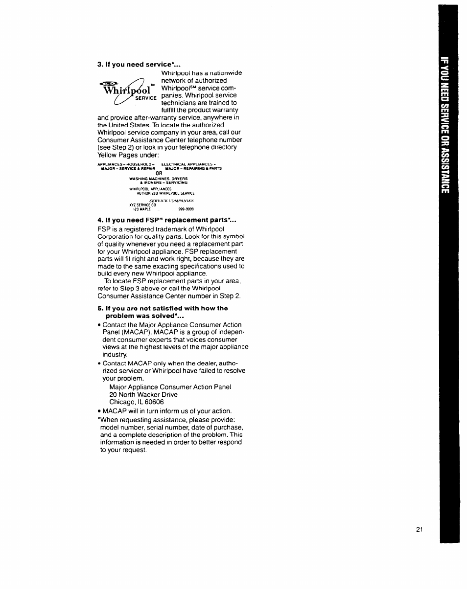 If you need service, If you need fsp* replacement parts | Whirlpool 9200 SERIES User Manual | Page 21 / 24