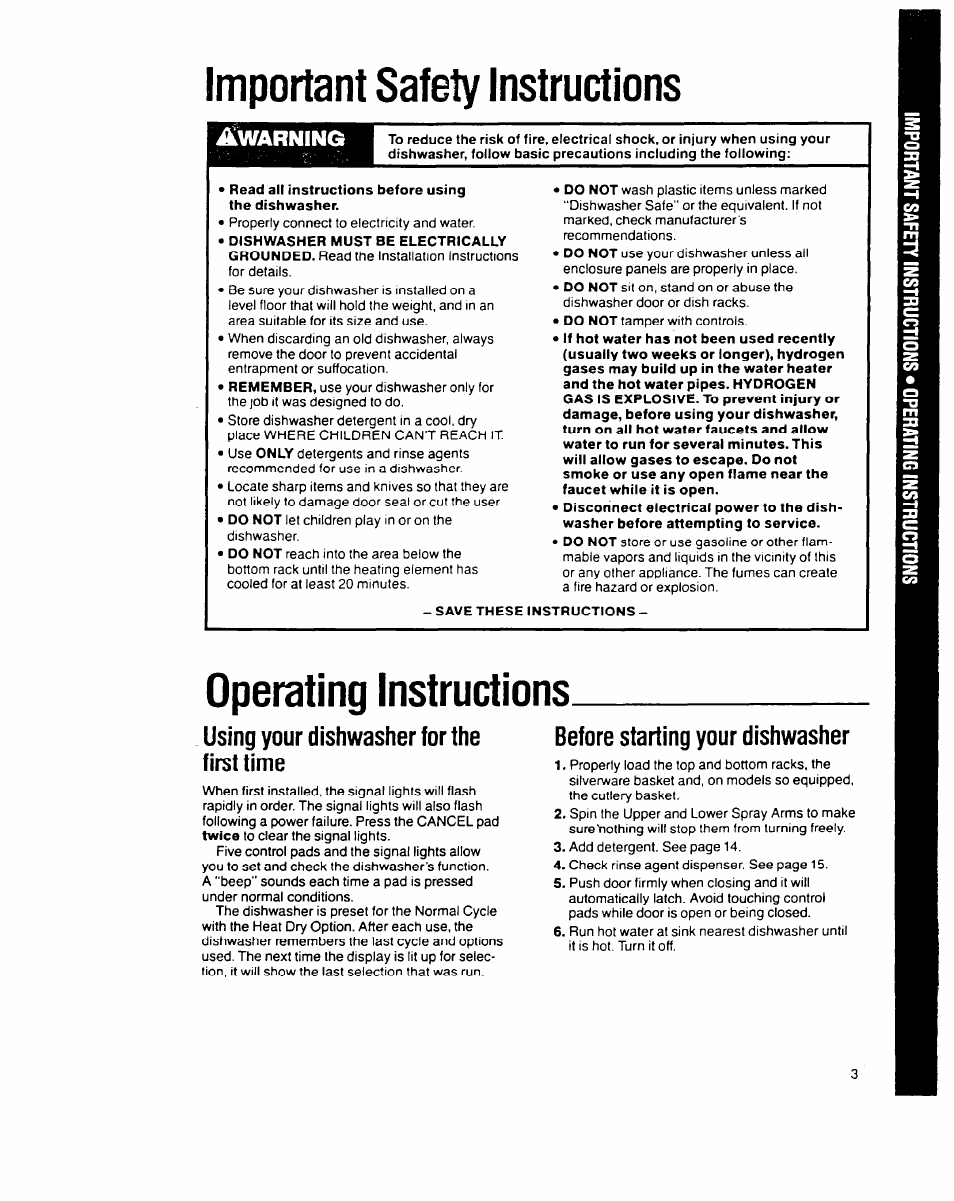 Important safety instructions, Read all instructions before using the dishwasher, Save these instructions | Operating instructions, Using your dishwasher for the first time, Before starting your dishwasher, Warning | Whirlpool 9200 SERIES User Manual | Page 3 / 24