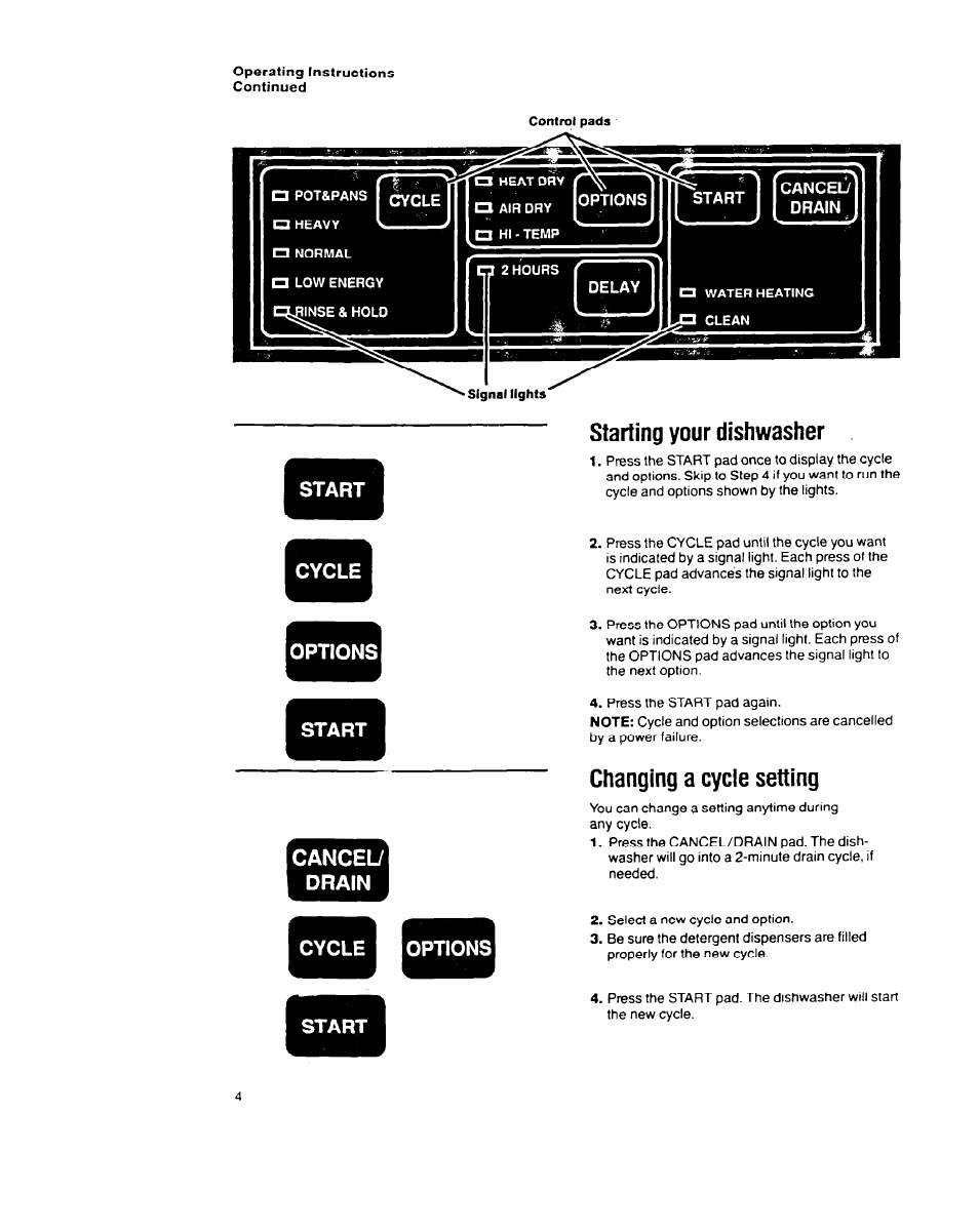 Starting your dishwasher, Changing a cycle setting | Whirlpool 9200 SERIES User Manual | Page 4 / 24