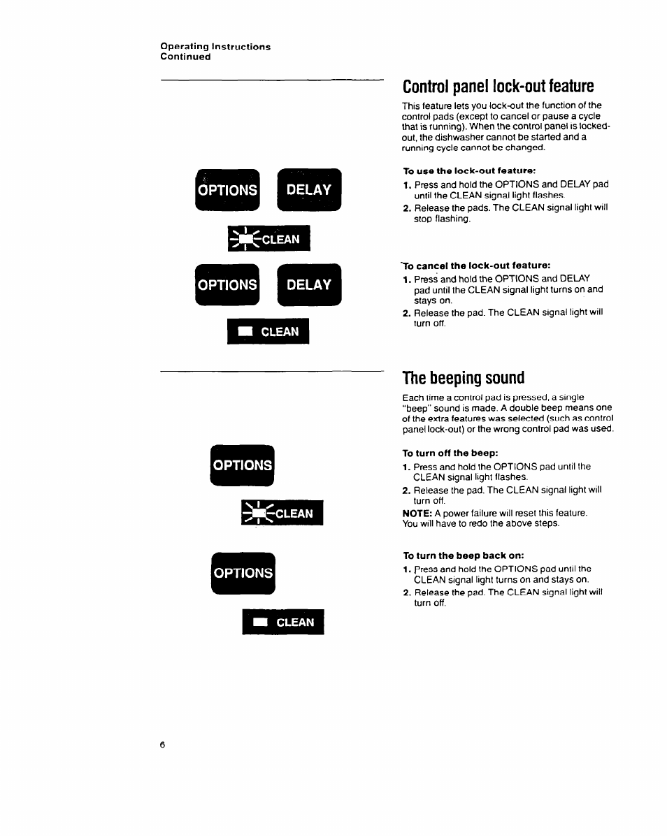 Control panel lock-out feature, To use the lock-out feature, To cancel the lock-out feature | The beeping sound, To turn off the beep, To turn the beep back on, Control panel lock-out feature the beeping sound | Whirlpool 9200 SERIES User Manual | Page 6 / 24