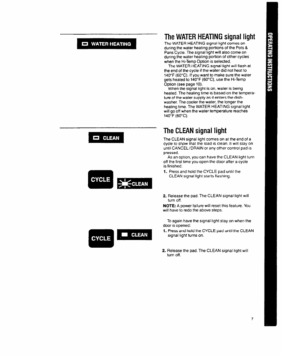The water heating signal light, The clean signal light | Whirlpool 9200 SERIES User Manual | Page 7 / 24
