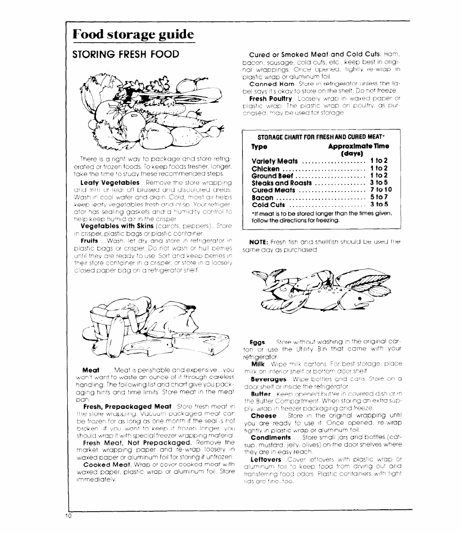 Food storage guide, Storing fresh food | Whirlpool ED19MT User Manual | Page 10 / 16