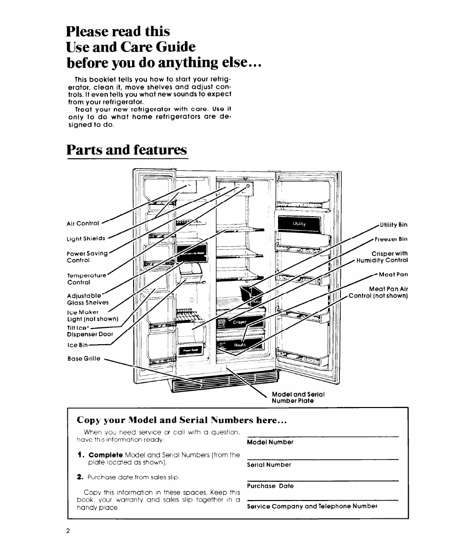 Please read this, Use and care guide, Before you do anything else | Parts and features, Copy your model and serial numbers here | Whirlpool ED19MT User Manual | Page 2 / 16