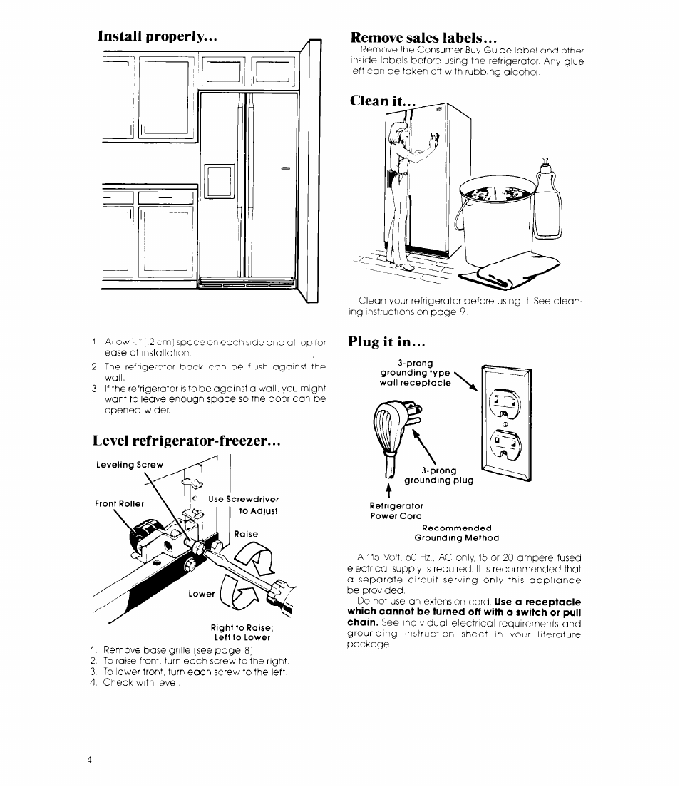 Remove sales labels, Level refrigerator-freezer, Plug it in | Level refrigerator-freezer. plug it in | Whirlpool ED19MT User Manual | Page 4 / 16