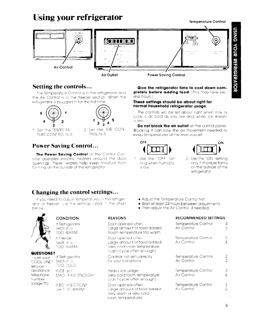 Using your refrigerator, Setting the controls, Power saving control | Changing the control settings | Whirlpool ED19MT User Manual | Page 5 / 16