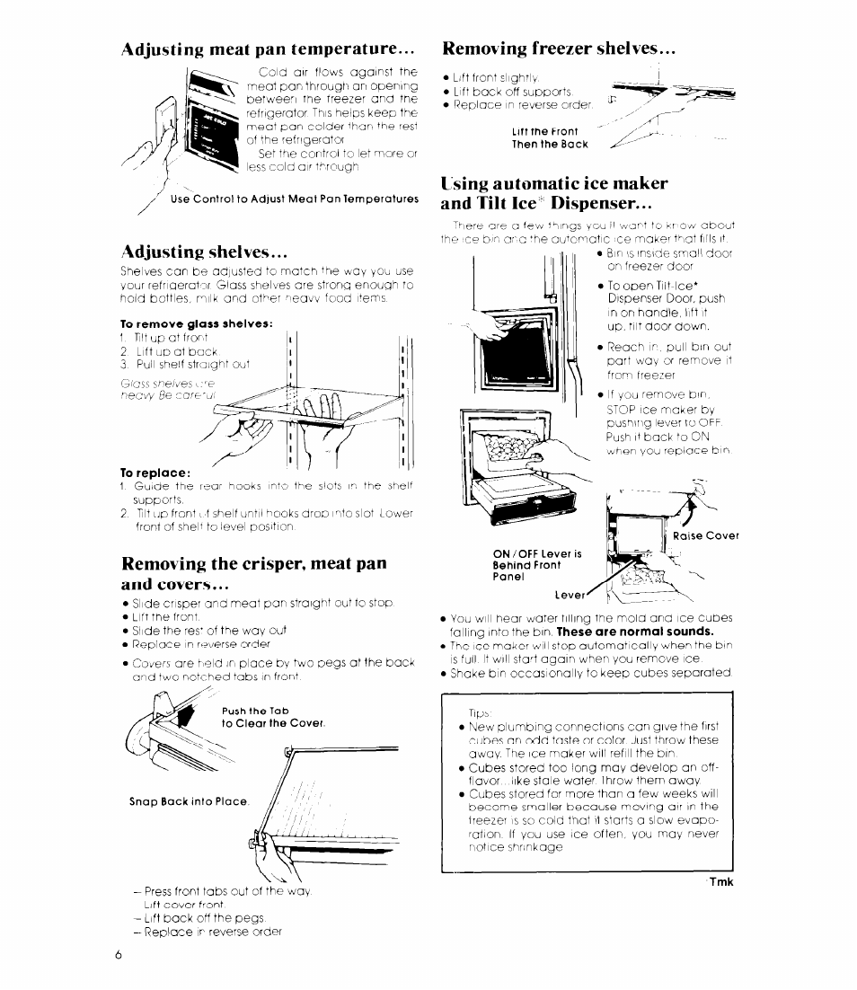 Adjusting shelves, Removing the crisper, meat pan and covers, Lsing automatic ice maker and tilt ice dispenser | Whirlpool ED19MT User Manual | Page 6 / 16
