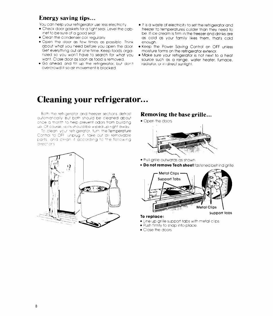 Cleaning your refrigerator, Energy saving tips, Removing the base grille | Whirlpool ED19MT User Manual | Page 8 / 16