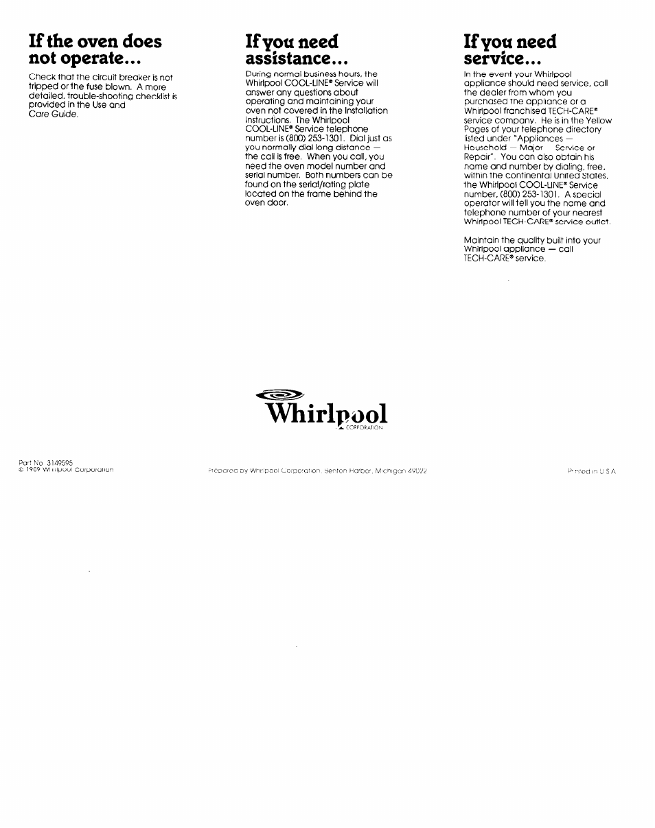 If you need assistance, If you need service, Whirlpool | If the oven does not operate | Whirlpool 3149595 User Manual | Page 5 / 5