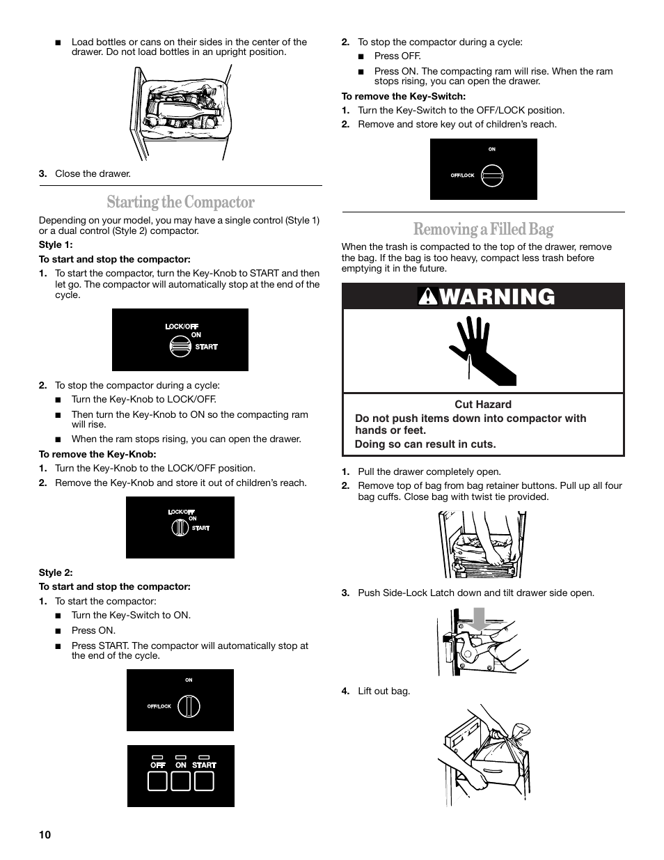 Warning, Starting the compactor, Removing a filled bag | Whirlpool Compactor User Manual | Page 10 / 16