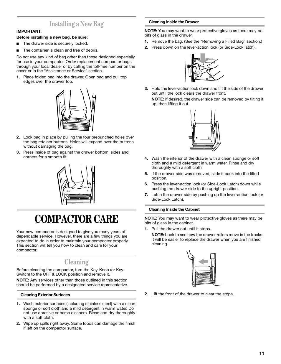Compactor care, Installing a new bag, Cleaning | Whirlpool Compactor User Manual | Page 11 / 16