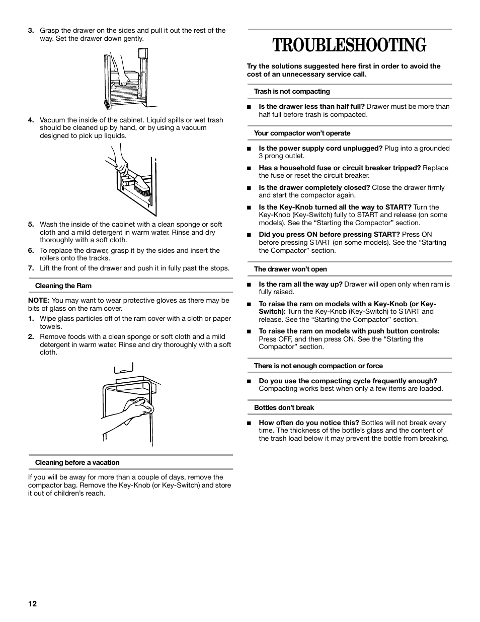 Troubleshooting | Whirlpool Compactor User Manual | Page 12 / 16