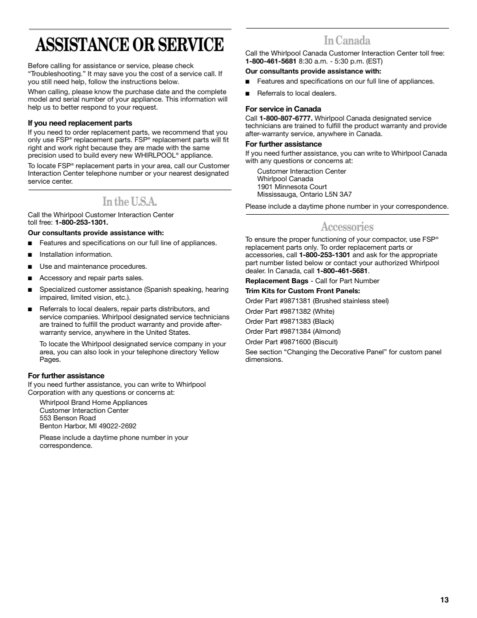 Assistance or service, Accessories | Whirlpool Compactor User Manual | Page 13 / 16